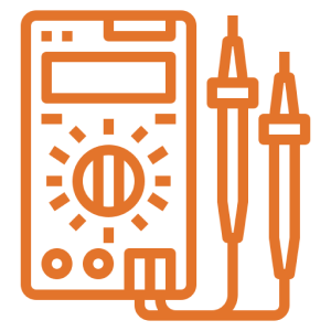 Orange multimeter icon with probes on black.
