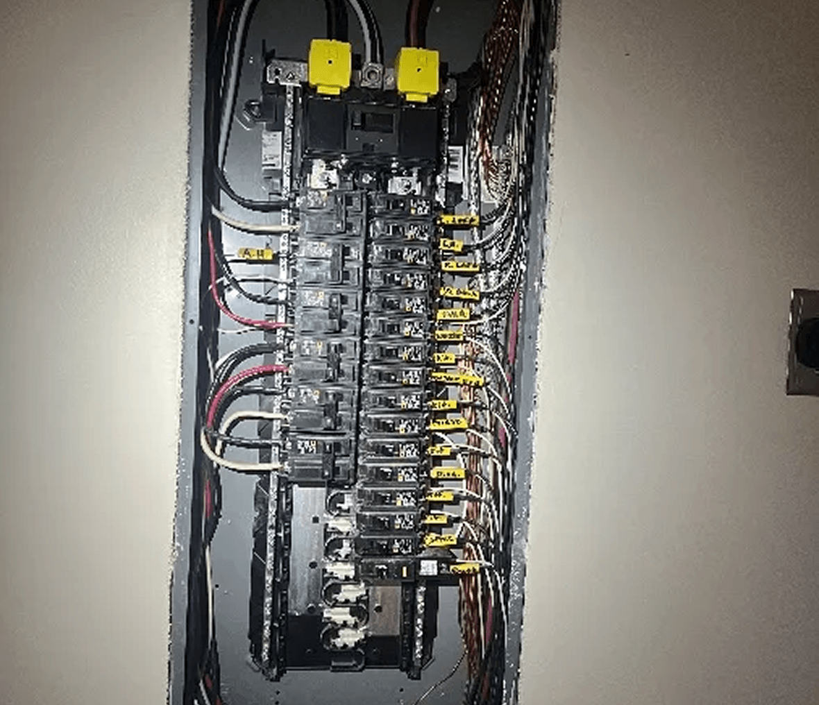 Electrical circuit breaker panel with wires.