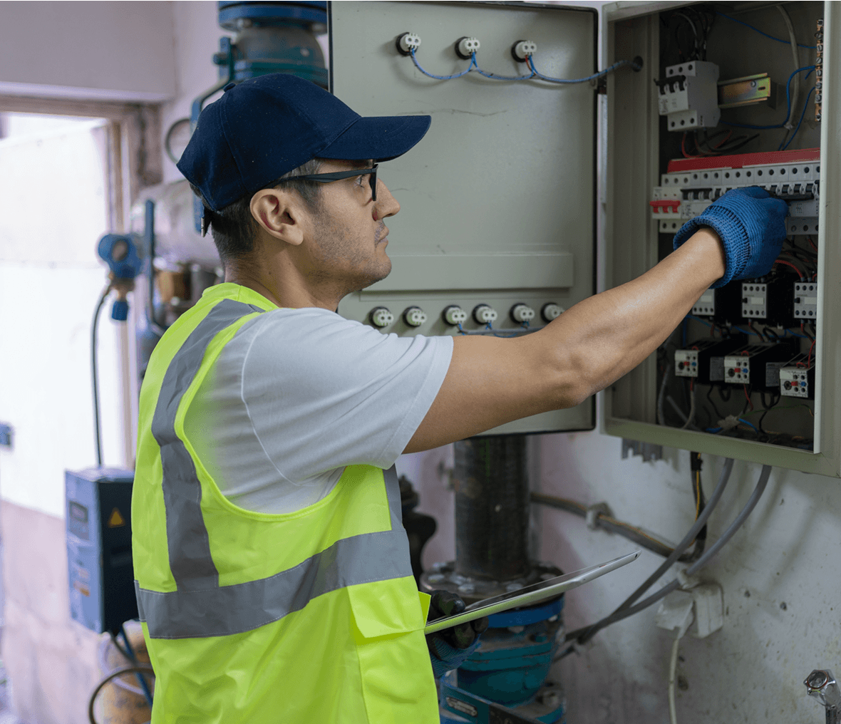 Electrician working on an electrical panel.