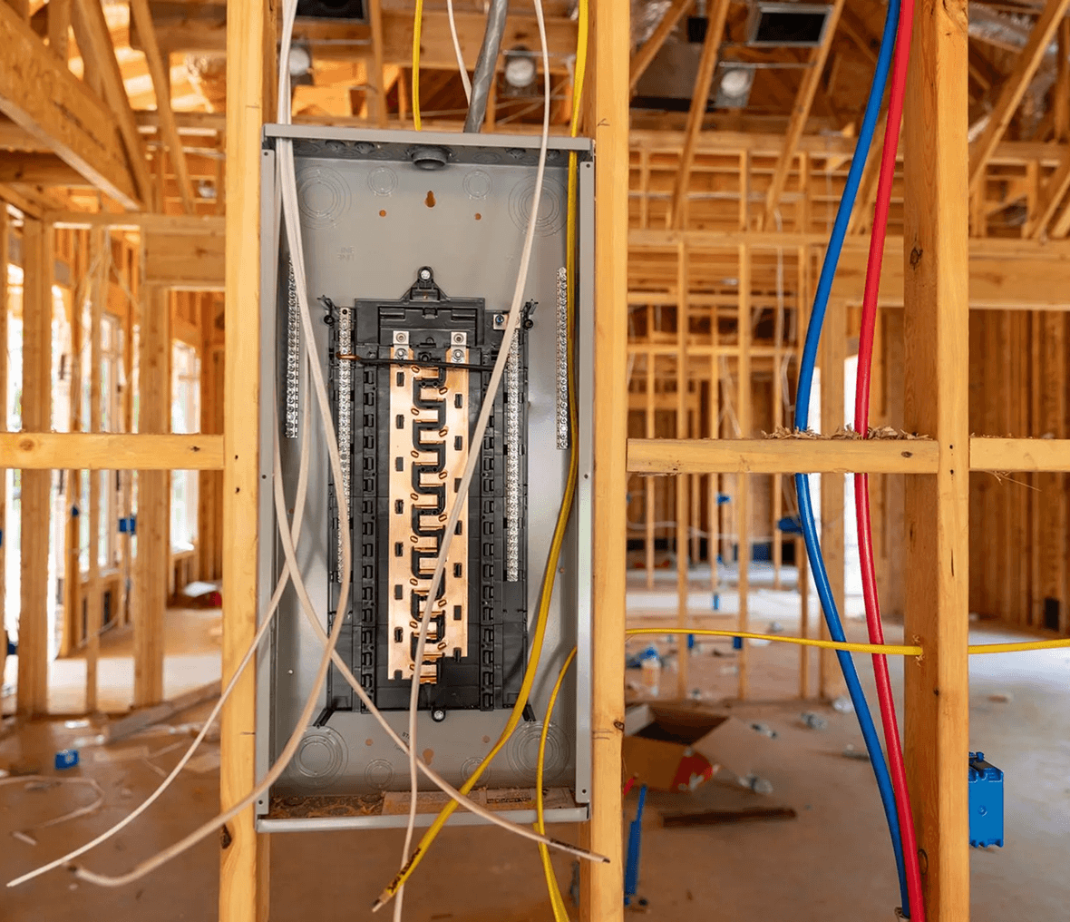 Electrical panel in unfinished wooden construction.