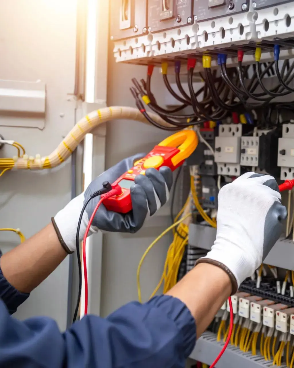 Electrician using multimeter on electrical panel.