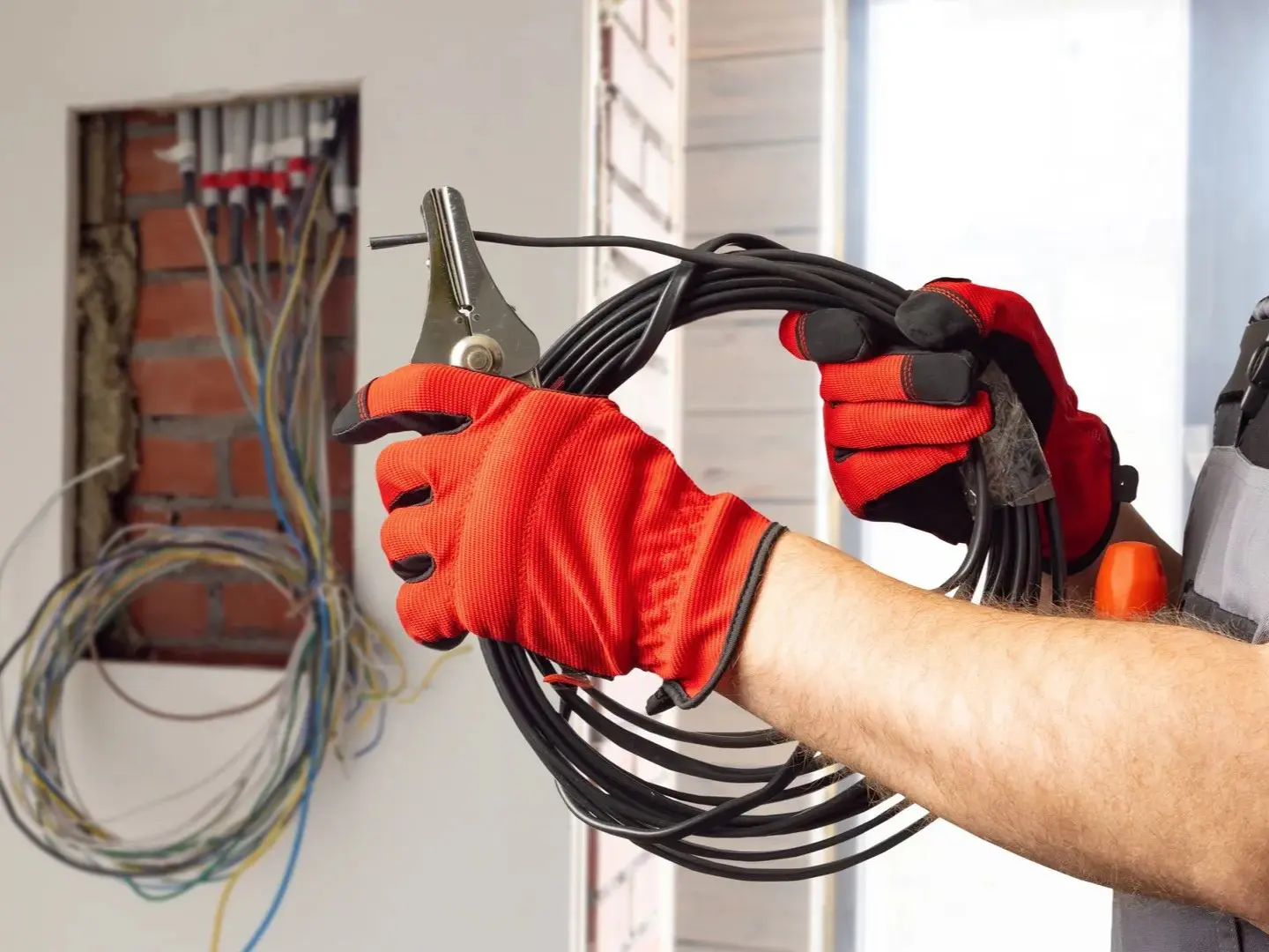 Electrician holding wires and clamp tool.