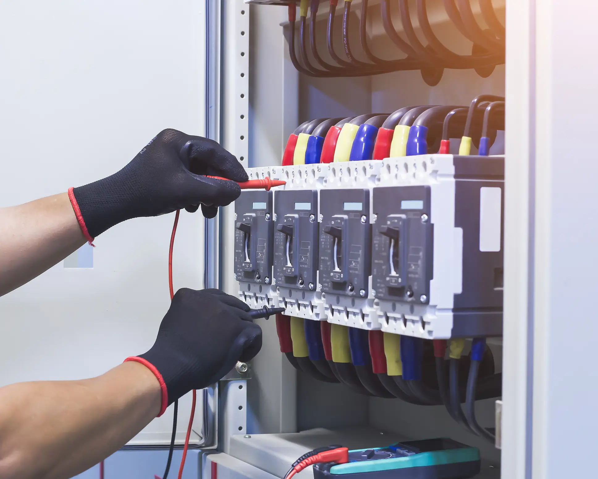 An electrician checks the operation of the electrical control cabinet.