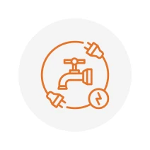 Faucet and plugs inside a circle icon.