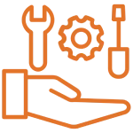 Hand with tools and gear icons.